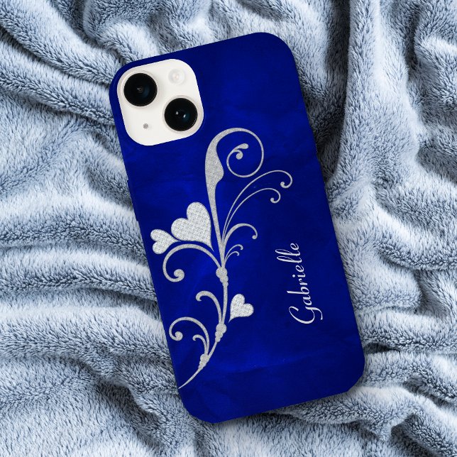 Coques Case-Mate iPhone Éclat de coeur argenté sur bleu (Créateur téléchargé)