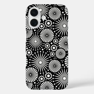 Coque Pour iPhone 16 Éclatantes fleurs géométriques noir et blanc