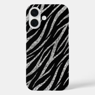 Coque Pour iPhone 16 Écran noir & argent de luxe féminin Zebra