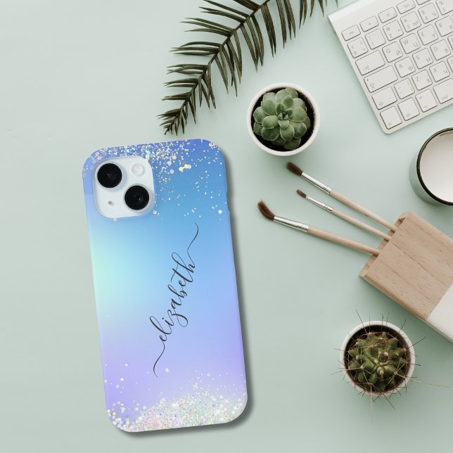 Coques Case-Mate iPhone Écriture Monogramme Paillettes Bleu Violet Tendanc (Blue Purple White Glitter Monogrammed Name Script iPhone Case)