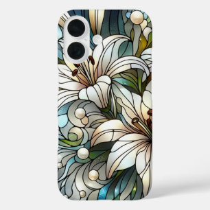Coque Pour iPhone 16 Effet Vitrail aux Lys Blancs