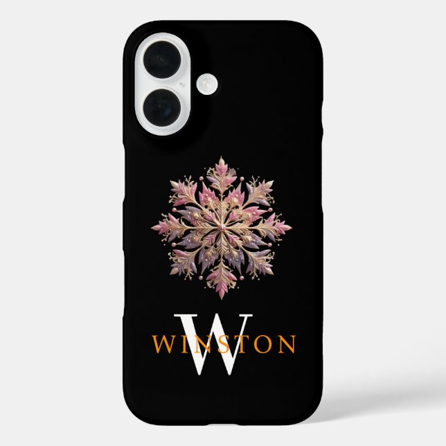 Coques Case-Mate iPhone Élégance du flocon rose brillant Monogramme noir (Verso)