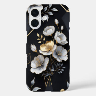 Coque Pour iPhone 16 Élégance florale - Noir mat avec or et argent