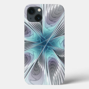 Etui iPhone 13 Élégance Moderne Fleur d'Art Fractal Bleu Gris Bla
