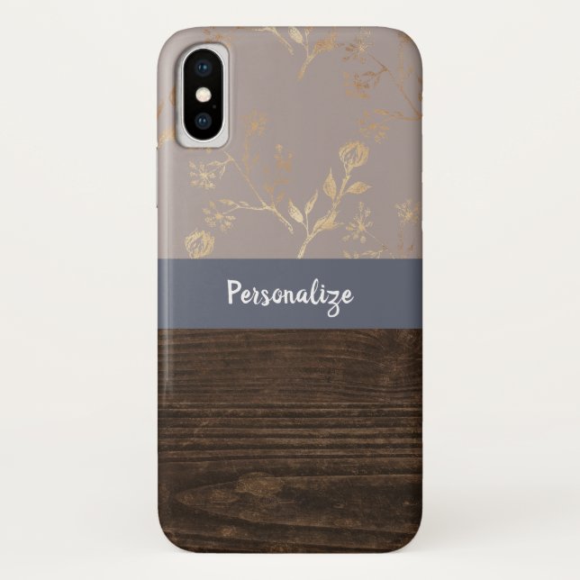 Coques Case-Mate iPhone Élégance rustique Bois foncé et or Fleur et nom (Dos)