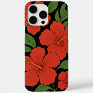 Coque iPhone 16 Pro Max Élégance Tropicale Hibiscus Rouge sur Fond Noir