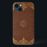 Coques Pour iPhone Élégant Accents Brown en cuir Vintage<br><div class="desc">Elégante teinte brune vintage teinte faux cuir look avec des tons dorés de dentelle florale accents. Le monogramme personnalisable est facultatif.</div>