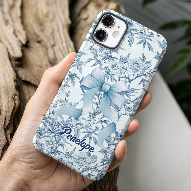Coques Case-Mate iPhone Elégant arc bleu toile de jouy monogramme floral (Créateur téléchargé)