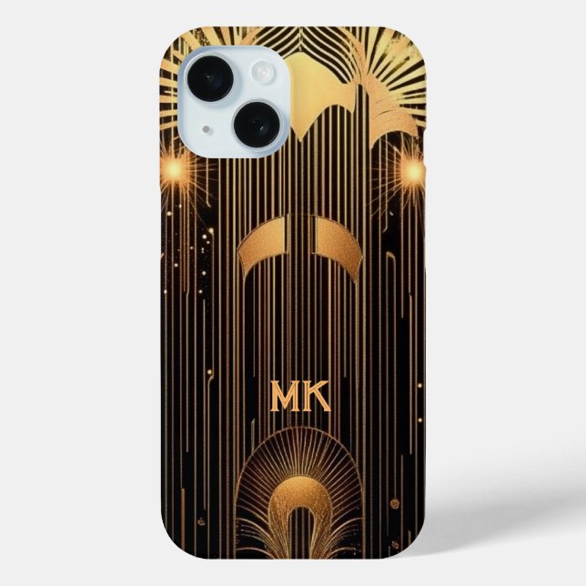 Coques Case-Mate iPhone Élégant Art Déco Or Pluie Noir Monogramme ou Nom (Verso)