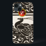 ETUI iPhone 13 ÉLÉGANT BLACK BLACK PEACOCK RED RUBY GEM MONOGRAM<br><div class="desc">Elégant paon Art Nouveau noir blanc et élégant avec une pierre à gemme 3D brillante. .Développement graphique numérique par Bulgan Lumini (c) .Partie de la collection ARCADIA.</div>