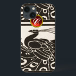 ETUI iPhone 13 ÉLÉGANT BLACK BLACK PEACOCK RED RUBY GEM MONOGRAM<br><div class="desc">Elégant paon Art Nouveau noir blanc et élégant avec une pierre à gemme 3D brillante. .Développement graphique numérique par Bulgan Lumini (c) .Partie de la collection ARCADIA.</div>