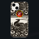 COQUE Case-Mate iPhone ÉLÉGANT BLACK BLACK PEACOCK RED RUBY GEM MONOGRAM<br><div class="desc">Elégant paon Art Nouveau noir blanc et élégant avec une pierre à gemme 3D brillante. .Développement graphique numérique par Bulgan Lumini (c) .Partie de la collection ARCADIA.</div>