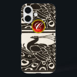 COQUES iPhone 16  ÉLÉGANT BLACK BLACK PEACOCK RED RUBY GEM MONOGRAM<br><div class="desc">Elégant paon Art Nouveau noir blanc et élégant avec une pierre à gemme 3D brillante. .Développement graphique numérique par Bulgan Lumini (c) .Partie de la collection ARCADIA.</div>
