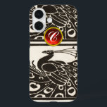 COQUES iPhone 16  ÉLÉGANT BLACK BLACK PEACOCK RED RUBY GEM MONOGRAM<br><div class="desc">Elégant paon Art Nouveau noir blanc et élégant avec une pierre à gemme 3D brillante. .Développement graphique numérique par Bulgan Lumini (c) .Partie de la collection ARCADIA.</div>