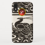 ETUI iPhone Case-Mate ÉLÉGANT BLACK BLACK PEACOCK RED RUBY GEM MONOGRAM<br><div class="desc">Elégant paon Art Nouveau noir blanc et élégant avec une pierre à gemme 3D brillante. .Développement graphique numérique par Bulgan Lumini (c) .Partie de la collection ARCADIA.</div>