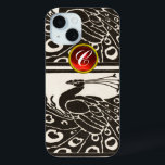 COQUE POUR iPhone 15 ÉLÉGANT BLACK BLACK PEACOCK RED RUBY GEM MONOGRAM<br><div class="desc">Elégant paon Art Nouveau noir blanc et élégant avec une pierre à gemme 3D brillante. .Développement graphique numérique par Bulgan Lumini (c) .Partie de la collection ARCADIA.</div>