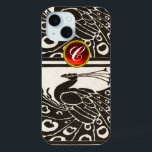 COQUE POUR iPhone 15 ÉLÉGANT BLACK BLACK PEACOCK RED RUBY GEM MONOGRAM<br><div class="desc">Elégant paon Art Nouveau noir blanc et élégant avec une pierre à gemme 3D brillante. .Développement graphique numérique par Bulgan Lumini (c) .Partie de la collection ARCADIA.</div>