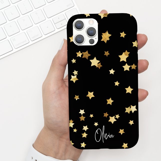 Coques Case-Mate iPhone Élégant Black Gold Stars Script avec nom (Créateur téléchargé)
