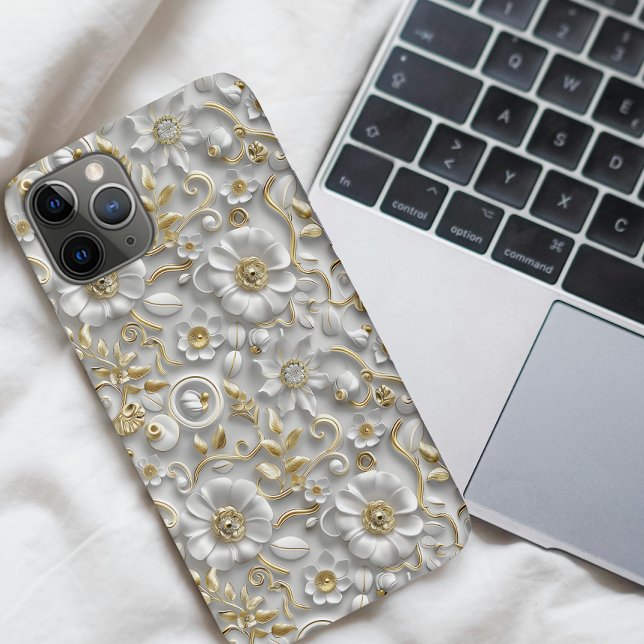 Coques Case-Mate iPhone Élégant blanc et or 3D floral (Créateur téléchargé)
