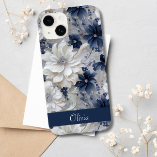 Coque Case-Mate iPhone Élégant bleu blanc floral chic Nom personnalisé