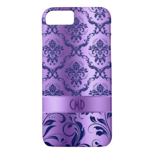 Coque Case-Mate iPhone Elégant Bleu & Lavande Métallique Damas & dentelle