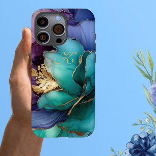 Coque iPhone 16 Pro Max Élégant bleu Turquoise Lilac Or Fleurs Monogramme