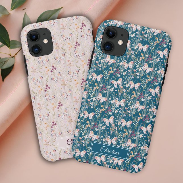 Coques Case-Mate iPhone Élégant Boho Aquarelle Fleur Papillon Monogramme (Créateur téléchargé)