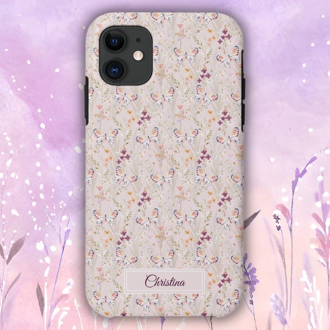 Coques Case-Mate iPhone Élégant Boho Aquarelle Fleur Papillon Monogramme (Créateur téléchargé)