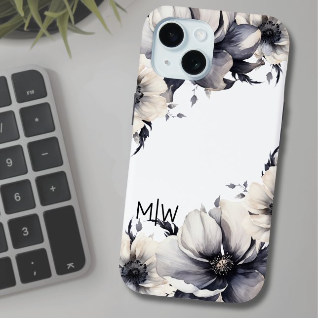 Coques Case-Mate iPhone Élégant Boho noir blanc Floral Monogramme (Elegant Modern Floral Black White Initial Monogram Case-Mate iPhone Case)