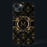 iPhone 13 Coque Elégant cadre floral baroque noir & or<br><div class="desc">Elégant cadre floral noir et or style baroque avec monogramme personnalisable.</div>