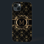 iPhone 13 Coque Elégant cadre floral baroque noir & or<br><div class="desc">Elégant cadre floral noir et or style baroque avec monogramme personnalisable.</div>
