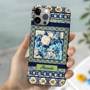 Coque Case-Mate iPhone Élégant carreau bleu floral chinoiserie monogramme