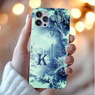 Coque iPhone 16 Pro Élégant chic bleu floral chinoiserie monogramme