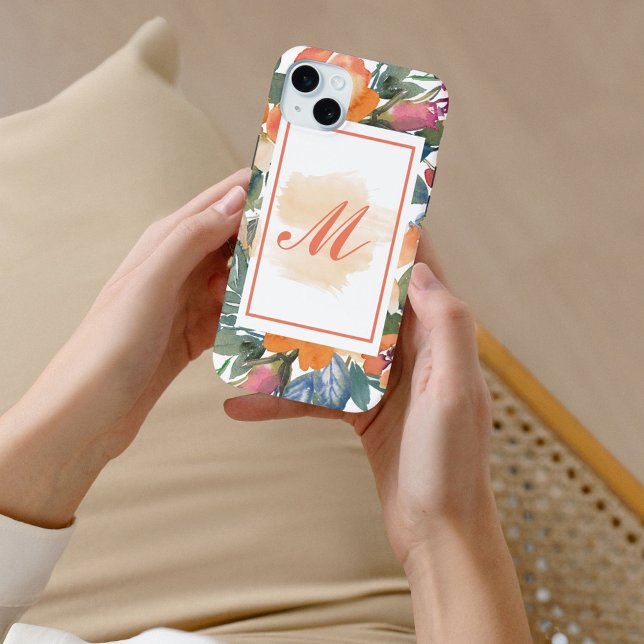 Coques Case-Mate iPhone Élégant Chic Fleurs Aquarelle Pêche Monogramme M  (Créateur téléchargé)