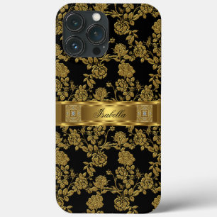 iPhone 13 Pro Max Case Élégant Classe Noir Or Damassé Floral