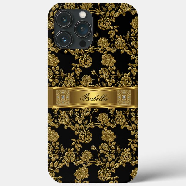 Coques Case-Mate iPhone Élégant Classe Noir Or Damassé Floral (Verso)