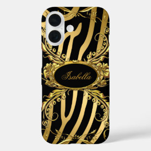 Coque Pour iPhone 16 Élégant Classe Or Zèbre Noir Floral