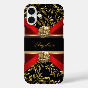 Coques iPhone 16 Plus Élégant Classe Rouge Noir Or Damassé Bijou
