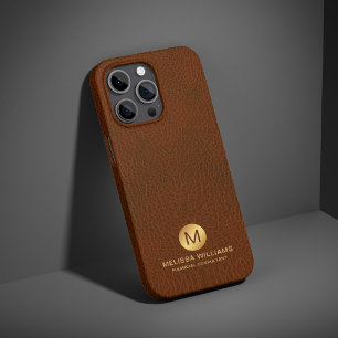 Coque Case-Mate iPhone Élégant Classy Brown Faux Cuir & Or Monogramme