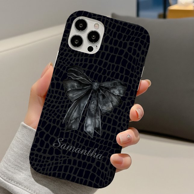Coques Case-Mate iPhone élégant crocodile gris noir coquette nœud monogram (Créateur téléchargé)