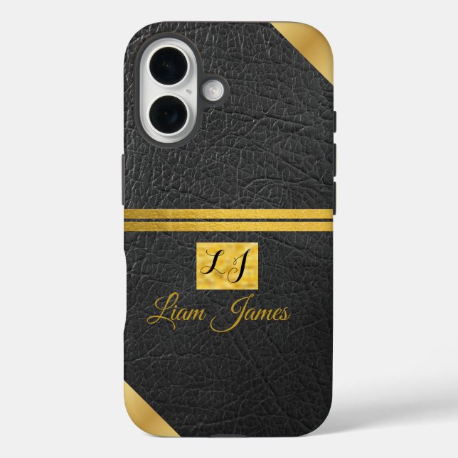 Coques Case-Mate iPhone Élégant cuir noir monogramme personnalisé (Verso)