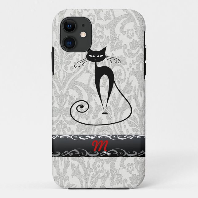 Coques Case-Mate iPhone Élégant damas de chat noir (Dos)