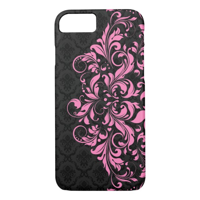 Coques Case-Mate iPhone Elégant Damas Noir & Dentelle Rose (Dos)