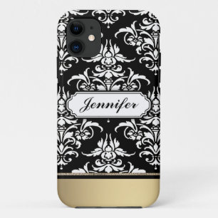 Coque iPhone 11 Élégant Damas noir et blanc au fond doré