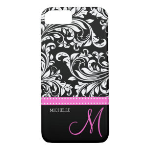 Coque Case-Mate iPhone Élégant Damas noir et blanc avec monogramme rose