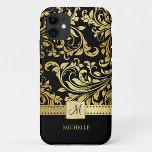 Coque Case-Mate iPhone Élégant Damas noir et or avec monogramme
