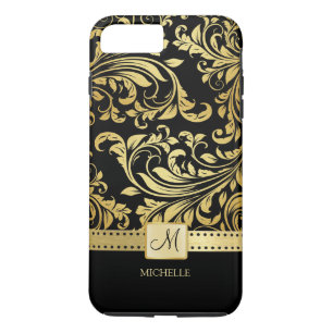 Coque iPhone 7 Plus Élégant Damas noir et or avec monogramme
