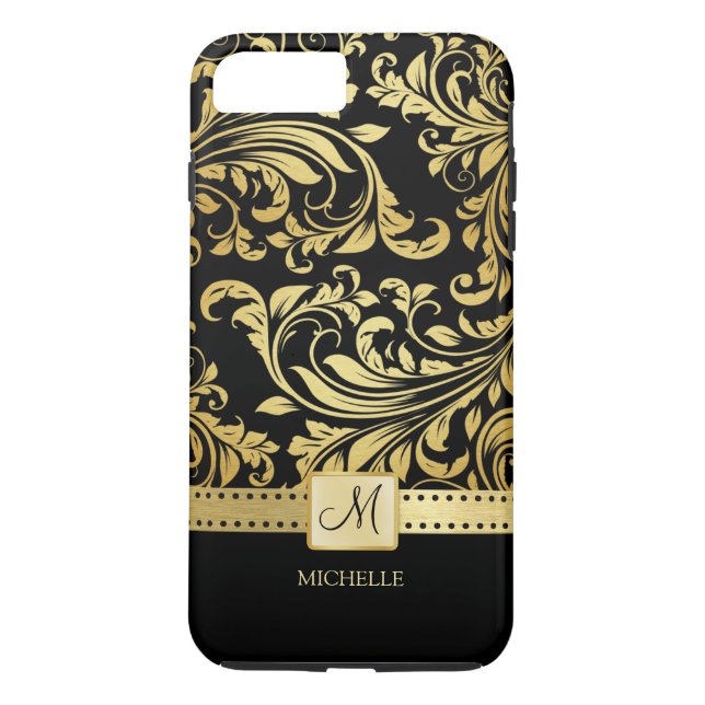 Coques Case-Mate iPhone Élégant Damas noir et or avec monogramme (Dos)