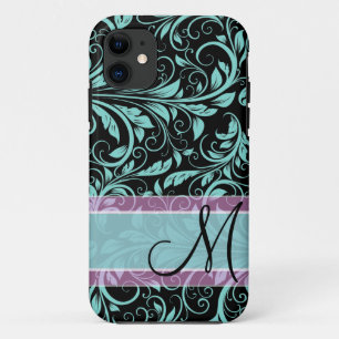 Coque iPhone 11 Élégant damas turquoise bleu et noir monogramme