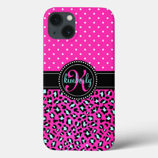 Etui iPhone 13 Elégant Empreinte de léopard Points Roses Girly Ch